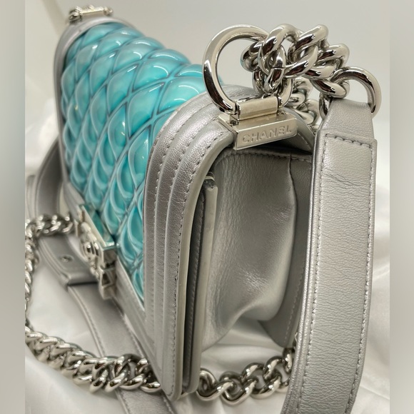 ***SOLD*** Chanel Boy Flap Bag Quilted Holographic PVC Small Blue & Silver - Picture 6 of 14